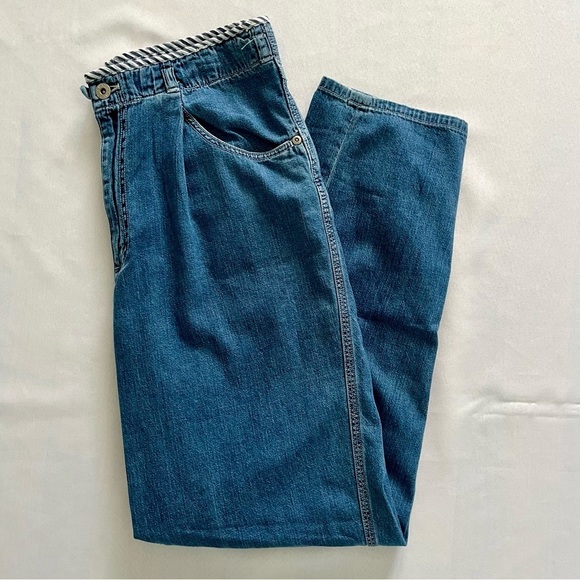 Dkny Denim - DKNY 1990s Retro Pinstripe Waistband Light Wash Cotton Straight Leg Jeans Size 8